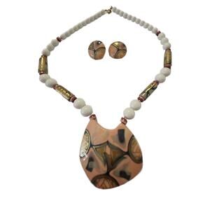 Vintage Pink Beaded Necklace Pottery Pendant with Clip on Earrings